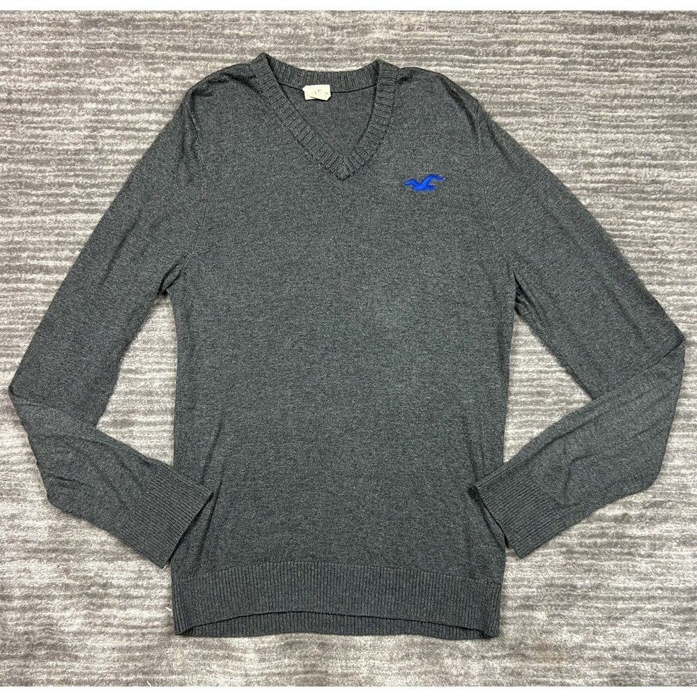 Hollister Sweater Mens Large Gray V-Neck Pullover Blue Seagull Logo Knit Classic